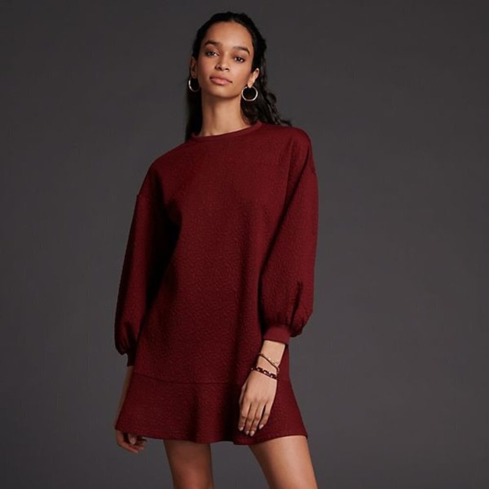 Nwt Anthropologie Odila Babydoll Dress Womens Sz M Burgundy Pockets Puff Sleeves